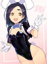  animal_ears bare_legs black_hair blush breasts cleavage fake_animal_ears female gloves gradient_background hair_ornament hairclip highres kantai_collection kuroshio_(kancolle) kuroshio_kai_ni_(kancolle) long_hair looking_at_viewer open_mouth playboy_bunny rabbit_ears rabbit_tail ribbon short_hair short_sleeves small_breasts smile solo tail taketora_suzume v white_gloves yellow_eyes 