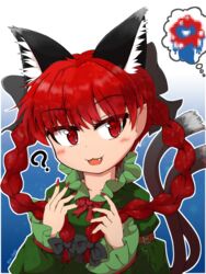  :3 :d ? animal_ear_fluff animal_ears blue_background blush bow braid cat_ears dress expo2025 female kaenbyou_rin long_sleeves looking_to_the_side myaku-myaku nail_polish oerba_yun_fang omochi_(omochi_natto) open_mouth outline red_eyes red_hair red_nails simple_background smile solo touhou twin_braids twitter_username upper_body white_outline 