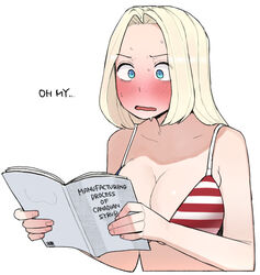  america_(ohasi) american_flag american_flag_bikini american_flag_print bikini blonde_hair blue_eyes blush book breasts cleavage collarbone commentary female flag_print holding holding_book large_breasts ohasi open_mouth original print_bikini short_hair simple_background solo swimsuit symbol-only_commentary upper_body white_background 