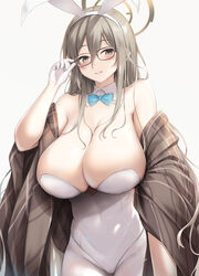  absurdres adjusting_eyewear akane_(blue_archive) akane_(bunny)_(blue_archive) animal_ears bare_shoulders blue_archive blue_bow blue_bowtie blush bow bowtie breasts brown_scarf detached_collar dot_nose fake_animal_ears female glasses gloves grey_hair groin hair_between_eyes hairband halo hand_on_eyewear highres huge_breasts leotard light_brown_hair long_hair official_alternate_costume pantyhose parted_lips plaid plaid_scarf playboy_bunny rabbit_ears scarf solo strapless strapless_leotard tousaki_(tousakiworks) white_gloves white_hairband white_leotard white_pantyhose 