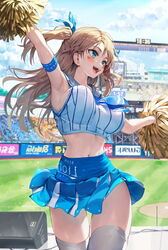  arm_up armband armpits bare_shoulders baseball_stadium blue_eyes blue_skirt breasts brown_hair cheerleader crop_top day female hair_ribbon high-waist_skirt highres holding holding_pom_poms huwari_(dnwls3010) large_breasts long_hair midriff miniskirt navel neckerchief open_mouth original outdoors outstretched_arms pleated_skirt pom_pom_(cheerleading) ribbon sailor_collar shirt skirt sleeveless sleeveless_shirt smile solo standing stomach sweat thighhighs thighs two_side_up white_shirt white_thighhighs 