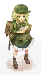  ability_card_(touhou) backpack bag boots brown_footwear camouflage card commentary_request female flat_cap frilled_skirt frills full_body green_eyes green_hair green_headwear hat highres holding holding_card jewelry key key_necklace medium_hair necklace open_mouth pocket simple_background siyumu skirt skirt_set touhou white_background yamashiro_takane 