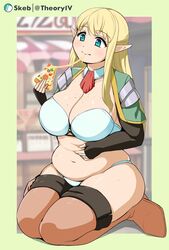  aegis_(nerocc) aqua_eyes artist_name belly belly_grab blonde_hair blurry blurry_background blush body_freckles boots border breasts cleavage closed_mouth commentary_request commission crumbs detached_collar dot_nose eating elf female food freckles full_body green_border holding kneeling large_breasts long_hair looking_away marureenu_(pierre_lehavre) navel original outside_border panties pinching pizza plump pointy_ears shadow sidelocks skeb_commission solo sweat tareme thick_thighs thigh_boots thighhighs thighs underwear white_panties 