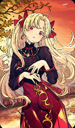  blonde_hair bougainvillea_(flower) copyright_name craft_essence_(fate) ereshkigal_(fate) ereshkigal_(youming_niangniang)_(fate) fate/grand_order fate_(series) female flower high_collar highres jewelry meslamtaea_(weapon) non-web_source red_eyes red_flower red_skirt resized skirt solo third-party_edit third-party_watermark upscaled 