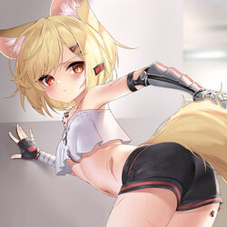  animal_ear_fluff animal_ears arknights armpits ass bandaged_arm bandages bare_shoulders bent_over black_gloves black_shorts blonde_hair blush closed_mouth collarbone commentary crop_top ehart female fingerless_gloves fox_ears fox_girl fox_tail from_behind gloves hair_ornament hairclip highres jewelry looking_at_viewer looking_back material_growth navel necklace notched_ear oripathy_lesion_(arknights) prosthesis prosthetic_arm red_eyes scar short_hair short_shorts shorts single_glove solo sweatdrop symbol-only_commentary tail v-shaped_eyebrows vermeil_(arknights) 