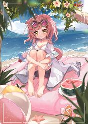  arknights barefoot beach black_shorts blurry blurry_foreground blush breasts cat_girl cat_tail cleavage closed_mouth cloud cloudy_sky coat collarbone day depth_of_field eyelashes eyewear_on_head feet female floppy_ears food fruit full_body goldenglow_(arknights) goldenglow_(summer_flowers)_(arknights) grey_coat hair_ornament hairclip highres inflatable_raft kakyouin2002 knees_up legs_together looking_at_viewer medium_breasts medium_hair outdoors parted_bangs pink-tinted_eyewear pink_hair recording sandals shadow short_shorts short_sleeves shorts sitting sky smile solo starfish sunglasses swept_bangs tail tinted_eyewear toenails toes torn_clothes torn_shorts unworn_sandals viewfinder watermelon yellow_eyes 