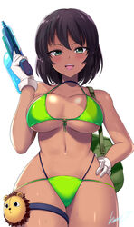  bag bikini black_hair blush breasts choker dark-skinned_female dark_skin duffel_bag female girls_und_panzer gloves green_bikini green_eyes hand_on_own_hip hand_up highres holding holding_water_gun hoshino_(girls_und_panzer) kasai_shin large_breasts leopon_(animal) navel open_mouth short_hair solo stomach strap_gap swimsuit thigh_strap water_gun wet white_gloves 