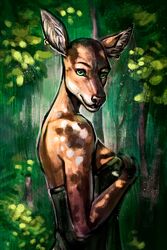  2:3 absurd_res anthro breasts clothed clothing colored deer digital_drawing_(artwork) digital_media_(artwork) digital_painting_(artwork) ear_piercing ear_ring female forest forest_background glowing green_background green_clothing green_eyes half-length_portrait hi_res light looking_at_viewer mammal nature nature_background piercing plant portrait ring_piercing rizonik shaded shadow simple_background smile solo sparkles sun sunlight tree 