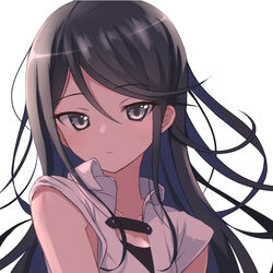  armpit_crease arms_at_sides backlighting bare_arms black_hair close-up closed_mouth collarbone collared_shirt commentary dot_nose expressionless eyelashes female hair_behind_ear hair_strand high_collar hoshino_ichika_(project_sekai) light_blush long_eyelashes long_hair looking_away pochita_(pochitaiko) project_sekai shirt short_sleeves simple_background solo swept_bangs tsurime upper_body white_background white_shirt 