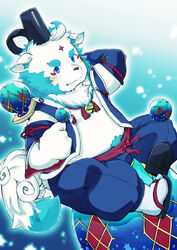  2020 agyo_(tas) anthro asian_mythology blue_eyes blush bottomwear clothing east_asian_mythology foo_dog fur hat headgear headwear hi_res humanoid_hands japanese_mythology kemono komainu lifewonders male mammal mythology pants sankakuma_ku sitting slightly_chubby solo tokyo_afterschool_summoners white_body white_fur yokai 