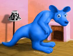  2021 aged_up anthro big_ears big_feet big_tail blue_body building clay clay_creature detailed_background eye_contact featureless_crotch feet goo_creature hands_on_knees hands_on_legs hi_res house inside kangaroo leaning leaning_forward living_room looking_at_another looking_at_viewer macro macropod male mammal marsupial nickelodeon nude nude_male shaded shaded_background smile smiling_at_viewer tail thick_thighs toony wontonrhino 