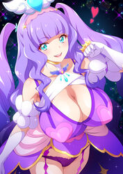  aqua_eyes blunt_bangs breasts cleavage commentary_request cure_majesty elbow_gloves ellee-chan female gloves highres hirogaru_sky!_precure huge_breasts joy_ride long_hair looking_at_viewer magical_girl panties precure purple_hair purple_panties smile solo thighs two_side_up underwear white_gloves 