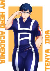  1boy absurdres bad_id bad_pixiv_id bara blue_hair blue_pants boku_no_hero_academia bulge contrapposto feet_out_of_frame frown glasses highres iida_tenya looking_at_viewer male_focus midriff_peek muscular muscular_male osu_(osumankokuou) pants pectorals school_uniform short_hair short_sleeves solo thick_thighs thighs tight_clothes 