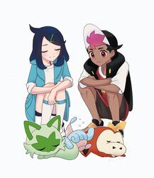  1boy black_hair black_shorts black_vest blush closed_eyes closed_mouth coat commentary_request cowlick dark-skinned_male dark_skin eyelashes female fuecoco green_coat hair_ornament hairclip hat hatenna knees liko_(pokemon) open_clothes open_coat open_vest pokemon pokemon_(anime) pokemon_(creature) pokemon_horizons rei_hinketsu roy_(pokemon) sandals shirt short_sleeves shorts smile socks split_mouth sprigatito squatting vest white_shirt white_socks 