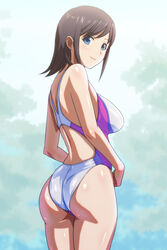  ass brown_eyes commentary_request competition_swimsuit cowboy_shot female from_behind highleg highleg_swimsuit looking_at_viewer looking_back medium_hair monteriakitto one-piece_swimsuit original purple_eyes solo standing swimsuit white_one-piece_swimsuit 