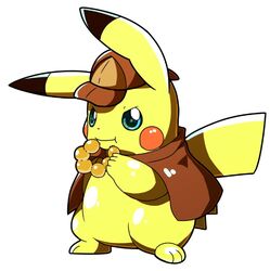  2018 3_toes ambiguous_gender blue_eyes clothing detective_pikachu detective_pikachu_(video_game) dipstick_ears ear_markings eating feet food generation_1_pokemon hat headgear headwear multicolored_ears nintendo pikachu pokemon pokemon_(species) semi-anthro simple_background solo tatu_wani_(artist) toes white_background yellow_body yellow_skin 