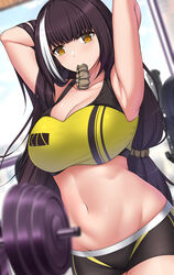  absurdres alternate_costume armpits arms_behind_head artistic_error black_shorts blush breasts brown_hair cleavage closed_mouth collarbone commission english_commentary feet_out_of_frame female girls&#039;_frontline gym hair_ornament hairclip highres large_breasts long_hair looking_at_viewer mouth_hold multicolored_hair navel no_heterochromia pixiv_commission ro635_(girls&#039;_frontline) sheita shorts simple_background solo sports_bra standing yellow_eyes yellow_sports_bra 