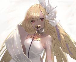  absurdres alternate_color bare_shoulders blonde_hair breasts collarbone commentary_request dark-skinned_female dark_skin dress eyebrows female granblue_fantasy hair_ornament helel_ben_shalem highres long_braid long_hair looking_at_viewer medium_breasts nakonbu pacifier red_eyes solo swept_bangs tattoo white_dress 