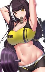  absurdres alternate_costume armpits arms_behind_head black_shorts blush breasts brown_hair cleavage closed_mouth collarbone commission english_commentary feet_out_of_frame female girls&#039;_frontline hair_ornament hairclip heterochromia highres large_breasts long_hair looking_at_viewer mouth_hold multicolored_hair navel pixiv_commission red_eyes ro635_(girls&#039;_frontline) sheita shorts simple_background solo sports_bra standing yellow_eyes yellow_sports_bra 