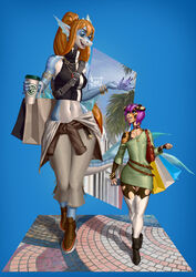  2021 ambiguous_gender andromorph_(lore) anthro aquatic_dragon beverage billie_corneja blue_body botak bottomwear breasts changeling_tale clothing countershading domestic_pig dragon duo female footwear grace_(changeling_tale) hair hi_res holding_beverage holding_object looking_down looking_up mammal marine midriff mythological_creature mythological_scalie mythology navel pants pink_hair scalie shoes shopping_bag short_hair size_difference smile suid suina sus_(pig) tail walking white_body white_countershading 