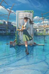  absurdres black_footwear black_hair black_socks blue_sky bracelet brown_eyes building chair cloud day door doorknob doorway female floating_hair from_side full_body green_shirt highres holding holding_chair iwato_suzume jewelry key_visual landscape leaf long_hair looking_at_viewer medium_skirt mountain official_art open_mouth outdoors overgrown plant ponytail promotional_art railing reflection reflective_water ruins scenery school_uniform shinkai_makoto shirt short_sleeves skirt sky socks solo standing surreal suzume&#039;s_chair suzume_no_tojimari vines walking walking_on_liquid water white_shirt window 