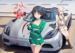  3girls belt black_hair blonde_hair breasts car cleavage coat convertible crossed_arms dress green_dress grey_coat grey_eyes grey_shorts group_name hair_over_one_eye high_ponytail highres hiroki_ree holding holding_removed_eyewear jewelry koenigsegg_(automobile) koenigsegg_agera leaning_on_object license_plate light_smile looking_at_viewer love_live! love_live!_nijigasaki_high_school_idol_club love_live!_school_idol_festival_all_stars mia_taylor mifune_shioriko motor_vehicle multiple_girls necklace product_placement r3birth_(love_live!) red_dress red_eyes shirt short_hair shorts sports_car swept_bangs unworn_eyewear vehicle_focus vroom_vroom_(love_live!) white_shirt zhong_lanzhu 