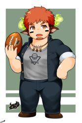  1boy american_football_(object) animal_ears bad_id bad_pixiv_id ball bara brown_eyes brown_hair bulge casual chibi cow_boy cow_ears cow_horns facial_hair fiery_horns forked_eyebrows full_body glowing_horns goatee highres holding holding_ball horns male_focus muscular muscular_male official_alternate_costume osu_(osumankokuou) pectorals solo thick_eyebrows tokyo_afterschool_summoners wakan_tanka 