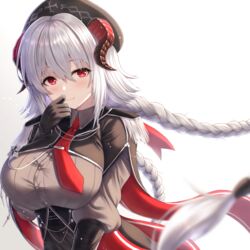  aiguillette azur_lane beret black_gloves black_hat blush braid breasts buran_(22x) closed_mouth corset elbow_gloves epaulettes female gloves grey_shirt hand_on_own_face hat highres horns large_breasts long_hair long_sleeves looking_at_viewer necktie nuernberg_(azur_lane) red_eyes red_necktie shirt simple_background smile solo twin_braids underbust upper_body very_long_hair white_background 