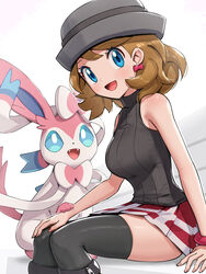  2022 blue_eyes blush bottomwear breasts clothed clothing cute_fangs duo eeveelution female feral generation_6_pokemon gonzarez1938 hat headgear headwear hi_res human legwear looking_at_viewer mammal nintendo open_mouth pokemon pokemon_(species) serena_(pokemon) skirt sylveon 