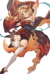  akita_hika bare_shoulders blonde_hair blush breasts brown_eyes cleavage djeeta_(granblue_fantasy) female firedancer&#039;s_roseplume_(granblue_fantasy) granblue_fantasy highres large_breasts long_sleeves looking_at_viewer short_hair smile solo 