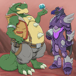  3_eyes alien anthro armor avian belly big_belly bird chozo claws clothing duo hi_res jacket kraid male metroid metroid_(species) multi_eye nintendo red_eyes scalie spikes topwear 