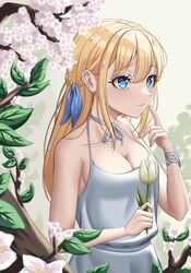  alternate_breast_size bare_arms bare_shoulders blonde_girl_(popopoka) blue_eyes blue_ribbon borrowed_character braid breasts brown_flower cherry_blossoms choker cleavage collarbone female flower hair_ribbon hand_up highres holding holding_flower medium_breasts oeffe_(oeffe_blank) original ribbon ribbon_choker solo tree 