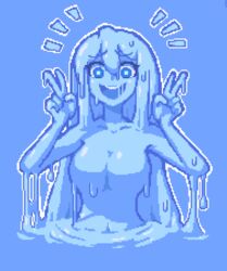  bare_shoulders blue_background blue_eyes blue_hair blue_skin blue_theme breasts collarbone colored_skin double_v female hair_between_eyes hcnone large_breasts long_hair looking_at_viewer monochrome monster_girl original pixel_art simple_background slime_girl solo teeth upper_body upper_teeth_only v 