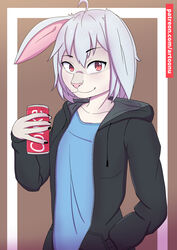  2021 ahoge anthro artoonu black_clothing black_hoodie black_topwear blue_clothing blue_shirt blue_topwear can clothed clothing container female fur hair hand_in_pocket hi_res holding_can holding_container holding_object hoodie lagomorph leporid looking_at_viewer lumi_(artoonu) mammal open_clothing open_hoodie open_topwear pockets rabbit red_eyes shirt signature solo standing text topwear white_body white_fur white_hair 