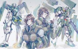  2boys beam_rifle bodysuit brown_hair commentary energy_gun energy_weapon eyepatch from_behind funnels_(gundam) gn_drive green_bodysuit green_eyes gun gundam gundam_00 gundam_00_a_wakening_of_the_trailblazer gundam_dynames gundam_zabanya haro helmet highres holding holding_helmet holding_weapon kare_(0621utak) lockon_stratos lyle_dylandy mecha medium_hair metal_eyepatch mobile_suit multiple_boys neil_dylandy normal_suit profile rifle robot science_fiction siblings simple_background sniper_rifle symbol-only_commentary twins v-fin weapon 