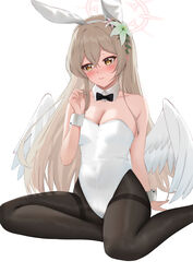  absurdres angel_wings animal_ears arm_behind_back arm_support bare_arms bare_shoulders black_pantyhose blue_archive blush bow bowtie breasts brown_eyes cleavage closed_mouth detached_collar fake_animal_ears female flower foot_out_of_frame furrowed_brow grey_hair hair_between_eyes hair_flower hair_ornament hairband halo hand_up highres leotard long_hair low_wings medium_breasts nagisa_(blue_archive) neruki_(ntme) pantyhose playboy_bunny rabbit_ears shy simple_background sitting solo strapless strapless_leotard thighband_pantyhose underwear white_background white_hairband white_leotard white_wings wings wrist_cuffs 