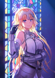  armor armored_dress backlighting bad_id bad_pixiv_id bare_shoulders blonde_hair breasts chains closed_mouth dress fate/apocrypha fate/grand_order fate_(series) female gauntlets hand_up headpiece indoors jeanne_d&#039;arc_(fate) jeanne_d&#039;arc_(third_ascension)_(fate) long_hair medium_breasts purple_hair sheath sheathed sleeveless sleeveless_dress smile solo stained_glass sword underbust upper_body very_long_hair weapon white_dress window yamigo 