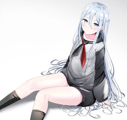  black_neckerchief black_socks blue_eyes blush closed_mouth commentary_request feet_out_of_frame female gradient_background grey_background grey_hair grey_hoodie hair_between_eyes highres hood hood_down hoodie knees_together_feet_apart long_hair long_sleeves looking_at_viewer morerin neckerchief parted_bangs project_sekai puffy_long_sleeves puffy_sleeves red_neckerchief sitting sleeves_past_wrists socks solo two-tone_neckerchief very_long_hair white_background yoisaki_kanade 