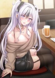  alcohol azur_lane bare_shoulders beer beer_mug black_bow black_skirt black_thighhighs bow bra_strap breasts brown_sweater choker cleavage collarbone commentary_request cup elbe_(azur_lane) elbe_(pure-hearted_bad_girl)_(azur_lane) female hairbow highres jewelry large_breasts long_hair long_sleeves miniskirt momijizuki_luna mug necklace off-shoulder_sweater off_shoulder official_alternate_costume pencil_skirt purple_eyes sitting skirt solo sweater thighhighs thighs two_side_up very_long_hair white_hair 