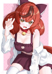  absurdres animal_ears bell blush bra breasts brown_eyes brown_hair cat_cutout cat_lingerie claw_pose cleavage cleavage_cutout clothing_cutout collar commentary_request ear_covers female frilled_bra frills gamel_120 highres horse_ears horse_girl horse_tail long_sleeves looking_at_viewer medium_breasts multicolored_hair neck_bell nice_nature_(umamusume) oerba_yun_fang open_clothes open_mouth open_shirt purple_bra purple_skirt red_collar shirt skin_fang skirt solo streaked_hair tail thighhighs twintails umamusume underwear white_shirt white_thighhighs 