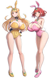  2girls absurdres alternate_breast_size_(larger) alternate_costume animal_ear_hairband animal_ears bare_shoulders black_bow black_bowtie blonde_hair blush bow bowtie breasts chest_jewel cleavage closed_mouth collarbone commentary_request core_crystal_(xenoblade) covered_navel detached_collar earrings fake_animal_ears fake_tail full_body gloves gonzarez hairband high_heels highres huge_breasts jewelry leotard long_hair looking_at_viewer multiple_girls mythra_(xenoblade) pink_gloves pink_hairband playboy_bunny pyra_(xenoblade) rabbit_ear_hairband rabbit_ears rabbit_tail red_eyes red_hair shoes short_hair simple_background strapless strapless_leotard swept_bangs tail tiara very_long_hair white_background white_bow white_bowtie wrist_cuffs xenoblade_chronicles_(series) xenoblade_chronicles_2 yellow_eyes yellow_gloves yellow_hairband yellow_leotard 