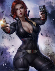  1girls avengers black_widow_(marvel) bodysuit breasts cleavage clothed female female_only gun highres large_breasts logan_cure marvel marvel_cinematic_universe marvel_comics natasha_romanoff pinup red_hair scarlett_johansson solo superheroine thick_lips 