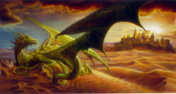  1998 absurd_res ambiguous_gender building city claws cloud desert detailed_background dragon feral flag flag_(object) green_body green_scales hi_res horn jon_sullivan membrane_(anatomy) membranous_wings mythological_creature mythological_scalie mythology outside rock sand scales scalie solo sun tail tower traditional_media_(artwork) wings 