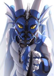  absurd_res anthro blue_body blue_scales collar dominant dragon evil_look hi_res horn male muzzle_(disambiguation) mythological_creature mythological_scalie mythology scales scalie solo vikavi0122 wings yellow_eyes 