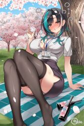  alternate_costume aqua_hair aqua_streaks artist_name beer_bottle black_hair black_skirt black_thighhighs breasts cleavage collared_shirt commentary_request cup drunk falling_petals female highres holding holding_cup hololive hololive_dev_is inokeiwd lanyard large_breasts looking_at_viewer mole mole_on_neck multicolored_hair outdoors petals red_eyes rindo_chihaya shirt short_hair signature skirt solo streaked_hair thighhighs virtual_youtuber white_shirt white_streaks yukihana_lamy 