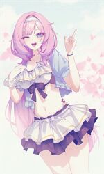  ;o bikini blue_eyes blue_jacket breasts cleavage commentary elf elysia_(honkai_impact) elysia_(miss_pink_elf)_(honkai_impact) elysia_(summer_miss_elf)_(honkai_impact) falling_petals female hairband hand_on_own_chest highres honkai_(series) honkai_impact_3rd jacket jfifwebp large_breasts long_hair looking_at_viewer midriff navel official_alternate_costume one_eye_closed petals pink_hair pointy_ears skirt solo swimsuit thighs untranslatable_commentary very_long_hair white_bikini white_hairband white_skirt 