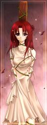  1girls bondage bound_to_pole dress expressionless highres long_hair red_eyes red_hair solo tears thorns tied_to_pole tied_up torn_clothes vines 