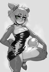  alternate_version_available anthro big_breasts black_and_white blunt_bangs blush choker cleavage dress eyebrows_visible_through_hair female grabbing_own_ass greyscale krekk0v looking_at_viewer monochrome nuwa_nightstone panda skindentation sweat 