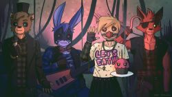  16:9 5_fingers anthro avian beak bear belt bird black_nose blue_eyes bodypaint bottomwear brown_body brown_fur brown_inner_ear_fluff canid canine chicken clothed clothing cupcake_(fnaf) electric_guitar electronics english_text eye_patch eyebrows eyewear face_paint female fingerless_gloves fingers five_nights_at_freddy&#039;s five_nights_at_freddy&#039;s_2 fox fur galliform gesture glasses gloves group guitar hand_gesture handwear hat head_tuft headgear headwear holding_object hook hook_hand inner_ear_fluff inside jacket jewelry lagomorph leporid male mammal microphone musical_instrument naturanevie necklace orange_beak pants phasianid pink_eyes plate plucked_string_instrument purple_body purple_fur rabbit red_body red_eyes red_fur red_nose scottgames shaded shirt skirt standing string_instrument text text_on_clothing top_hat topwear tuft v_sign vest widescreen withered_bonnie_(fnaf) withered_chica_(fnaf) withered_foxy_(fnaf) withered_freddy_(fnaf) yellow_body yellow_eyes 