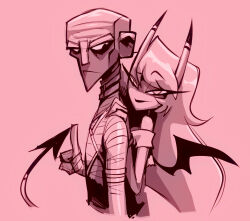  2025 2_horns bald bigdad demon demon_humanoid duo eyelashes female finn_talbert_(bigdad) gesture hair hand_gesture hand_on_shoulder hellaverse helluva_boss horn human humanoid kiki_(helluva_boss) long_hair looking_at_another looking_at_viewer looking_back looking_back_at_another male mammal membrane_(anatomy) membranous_wings monochrome not_furry raised_finger raised_index_finger spade_tail succubus tail wings 